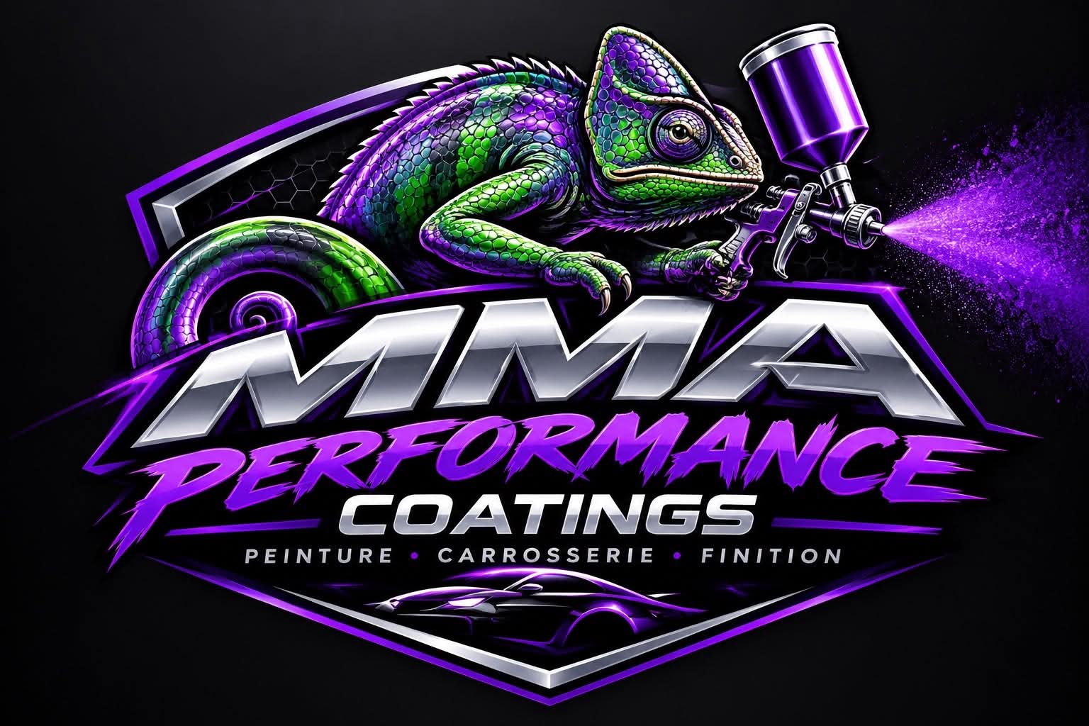 Logo MMA Performance Coatings : un caméléon tenant un pistolet à peinture